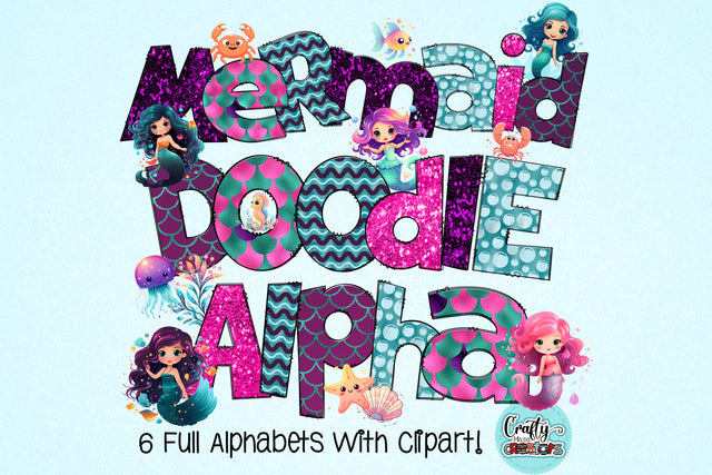 Mermaid Doodle Letters PNG, Ocean Creatures Alpha Bundle Sublimation Crafty Mama Studios 
