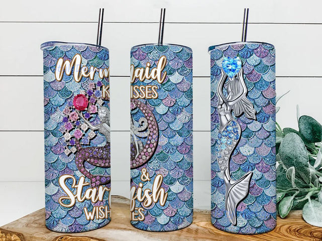 Mermaid Kisses and Starfish wishes Tumbler 20oz Skinny Tumbler, Mermaid Tumbler Wrap Sublimation, Straight and Tapered Tumbler PNG Sublimation iStyleDesign 