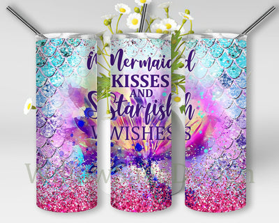 Mermaid Kisses Starfish Wishes Tumbler Design, Mermaid 20oz Skinny Tumbler, Mermaid Scales Glitter Tumbler Wrap, Mermaid Sublimation Design, Instant Download Sublimation WillowSageDesign 