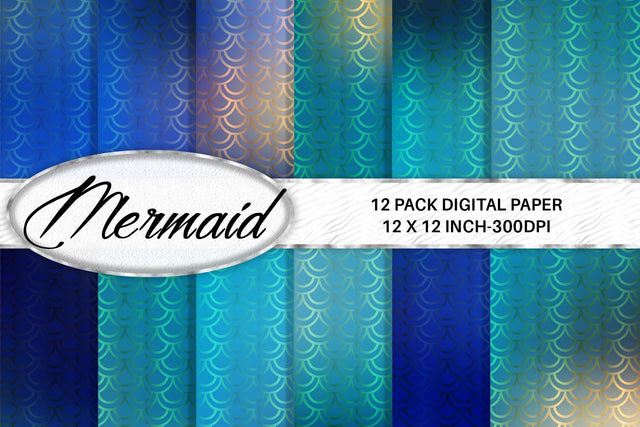 Mermaid scale pattern digital paper with gradient blue color background Digital Pattern artnoy 