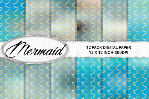 Mermaid scale pattern digital paper with gradient blue sea color background Digital Pattern artnoy 