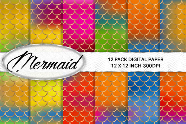 Mermaid scale pattern digital paper with gradient bright color background Digital Pattern artnoy 