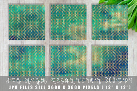 Mermaid scale pattern digital paper with gradient dark green color background Digital Pattern artnoy 