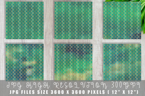 Mermaid scale pattern digital paper with gradient dark green color background Digital Pattern artnoy 