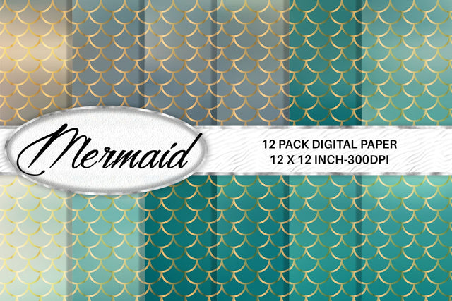 Mermaid scale pattern digital paper with gradient green color background Digital Pattern artnoy 