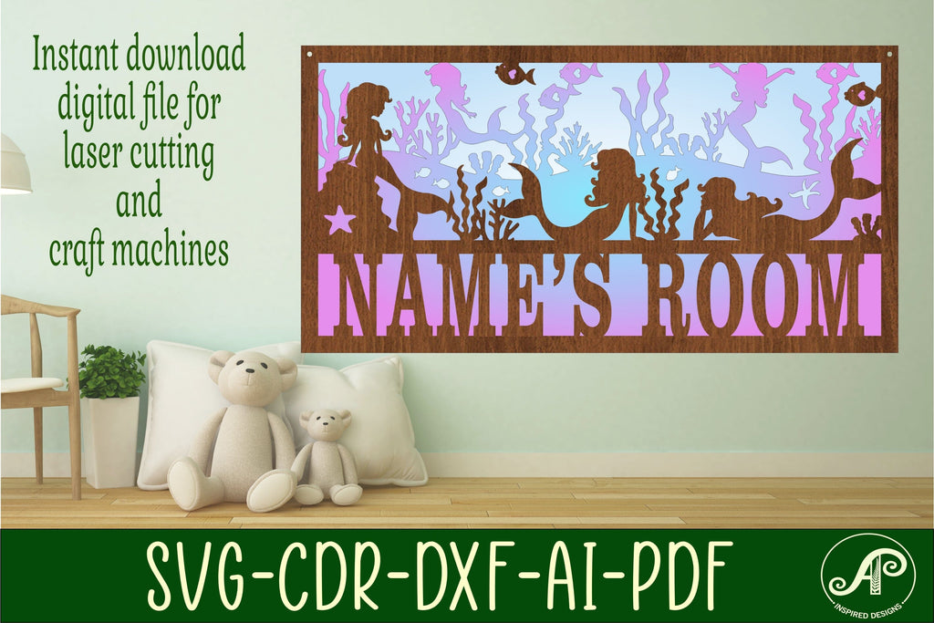 Mermaid scene name sign SVG 3 layer laser cut template - So Fontsy