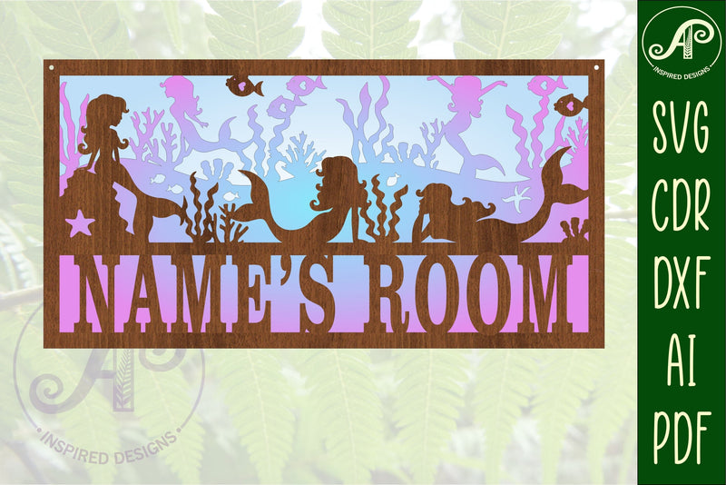 Mermaid scene name sign SVG 3 layer laser cut template - So Fontsy