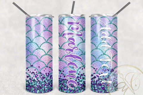 Mermaid Tail 20oz Skinny Tumbler Sublimation /Aqua, Purple Glitter Sublimation Marlene Campos 