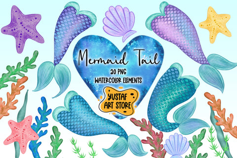 Mermaid Tail clipart. 20 watercolor illustration PNG Sublimation Yustaf Art Store 