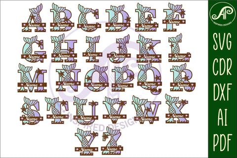 Mermaid tail monogram letter bundle Name signs SVG 3 layer design SVG APInspireddesigns 