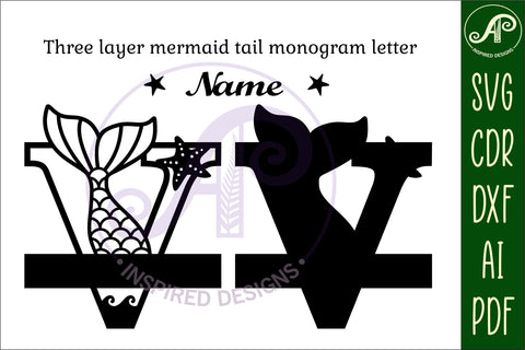 Mermaid tail monogram letter V SVG cut file SVG APInspireddesigns 