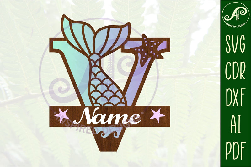 Mermaid tail monogram letter V SVG cut file SVG APInspireddesigns 