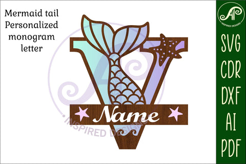 Mermaid tail monogram letter V SVG cut file SVG APInspireddesigns 