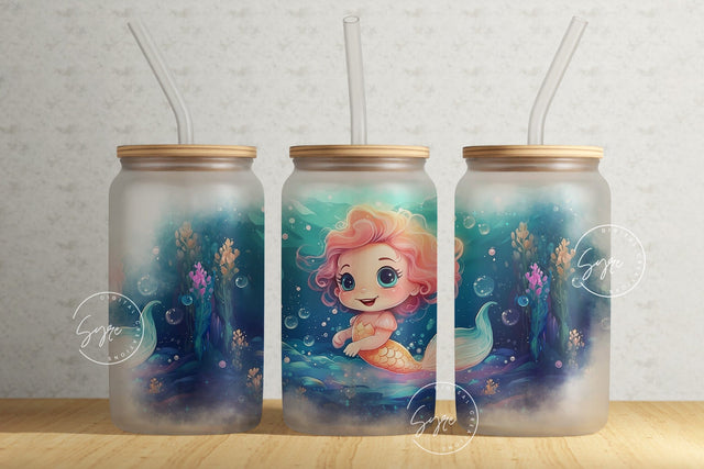 Mermaid Tumbler, Baby Mermaid Tumbler, Deep Ocean, CoralReef, Kids Tumbler, Big Eyes, Baby Face, 16oz Libbey Glass Can, Mermaid Glass Can Sublimation Syre Digital Creations 