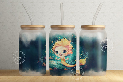 Mermaid Tumbler, Baby Mermaid Tumbler, Deep Ocean, CoralReef, Kids Tumbler, Big Eyes, Baby Face, 16oz Libbey Glass Can, Mermaid Glass Can Sublimation Syre Digital Creations 