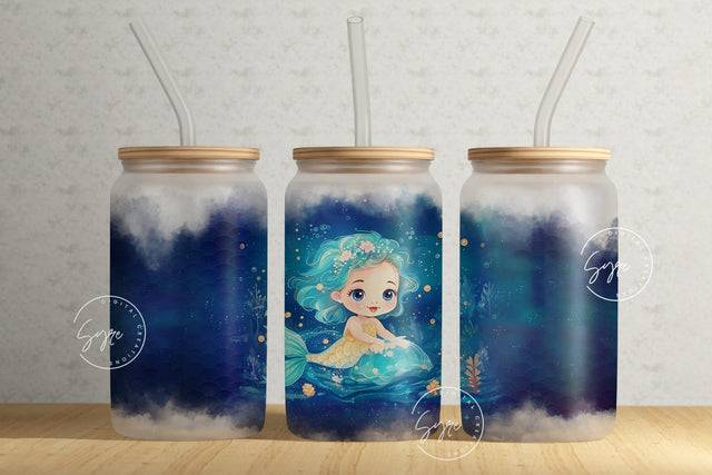Mermaid Tumbler, Baby Mermaid Tumbler, Deep Ocean, CoralReef, Kids Tumbler, Big Eyes, Baby Face, 16oz Libbey Glass Can, Mermaid Glass Can Sublimation Syre Digital Creations 