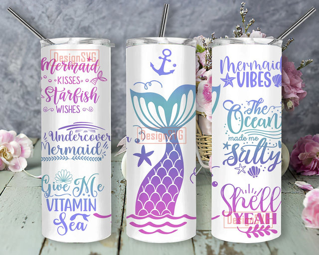 Mermaid Tumbler Wrap Sublimation Designs, Mermaid Vibes Skinny Tumbler 20oz Design Sublimation DesignSVG 