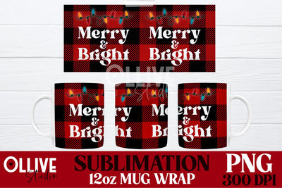 Merry And Bright Christmas Sublimation Mug PNG Sublimation Ollive Studio 