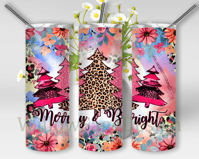 Merry and Bright Tumbler Design, Merry Christmas 20oz Tumbler Wrap, Christmas Tree Leoprad Pink Glitter Tumbler Png, Christmas Subliamtion Design, Instant Download Sublimation WillowSageDesign 