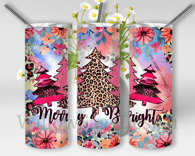 Merry and Bright Tumbler Design, Merry Christmas 20oz Tumbler Wrap, Christmas Tree Leoprad Pink Glitter Tumbler Png, Christmas Subliamtion Design, Instant Download Sublimation WillowSageDesign 