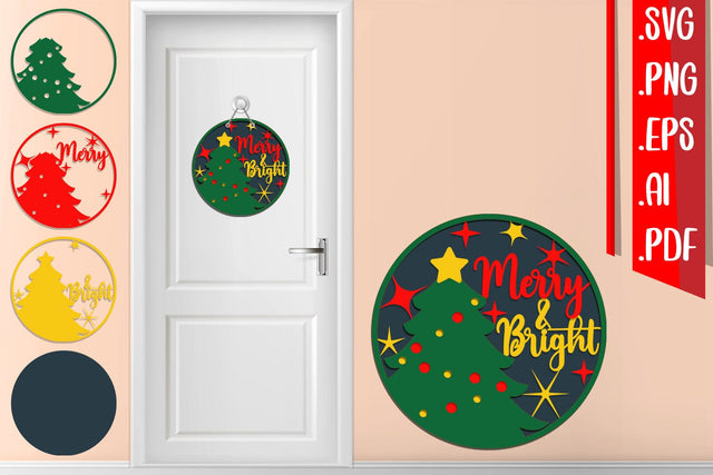 Merry & Bright Layered Door Sign Svg Cut Files SVG zafrans studio 