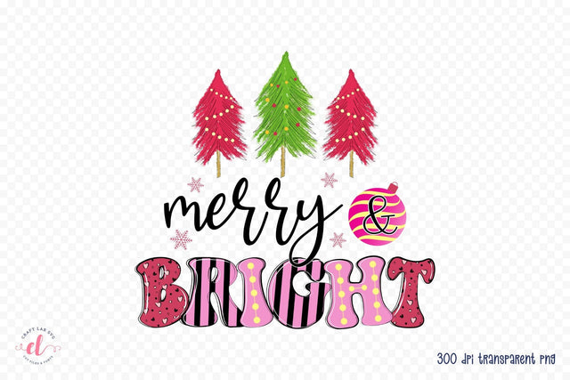Merry & Bright, Pink Christmas PNG Sublimation Sublimation CraftLabSVG 