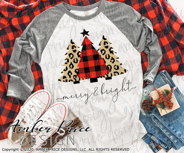 Merry & Bright PNG | Leopard print and Buffalo Plaid Christmas Trees Sublimation Files for winter Sublimation Amber Price Design 