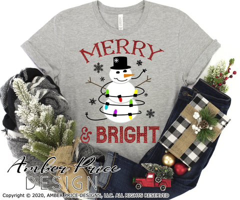 Merry & Bright Snowman SVG PNG DXF | Christmas Lights SVG for winter shirts SVG Amber Price Design 
