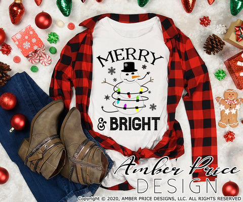 Merry & Bright Snowman SVG PNG DXF | Christmas Lights SVG for winter shirts SVG Amber Price Design 