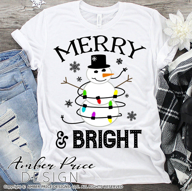 Merry & Bright Snowman SVG PNG DXF | Christmas Lights SVG for winter shirts SVG Amber Price Design 