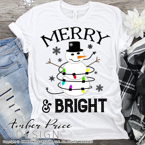 Merry & Bright Snowman SVG PNG DXF | Christmas Lights SVG for winter shirts SVG Amber Price Design 