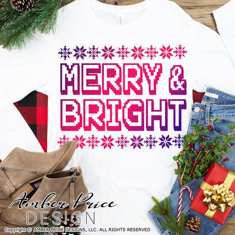 Merry & Bright SVG PNG DXF | Ugly Christmas Sweater SVG | Vintage Pixels SVG Amber Price Design 