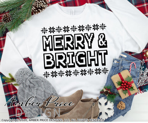 Merry & Bright SVG PNG DXF | Ugly Christmas Sweater SVG | Vintage Pixels SVG Amber Price Design 