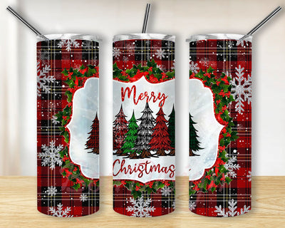Merry Christmas 20 oz Skinny Tumbler Sublimation Designs, Buffalo Plaid and Merry Christmas Tree Tumbler, Christmas Tumbler Sublimation Sublimation BouDesign 