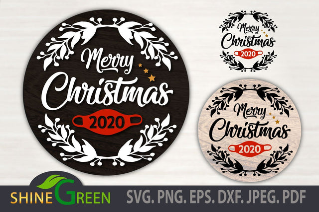 Merry Christmas 2020 SVG - Hand Drawn Floral Ornament Round SVG Shine Green Art 