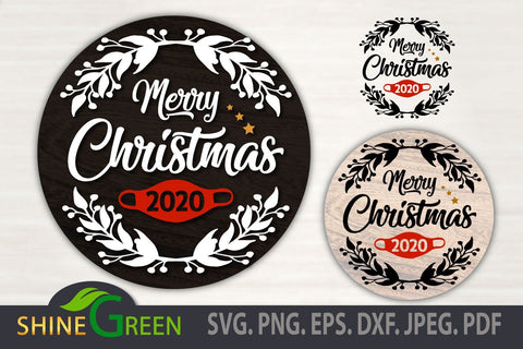 Merry Christmas 2020 SVG - Hand Drawn Floral Ornament Round SVG Shine Green Art 
