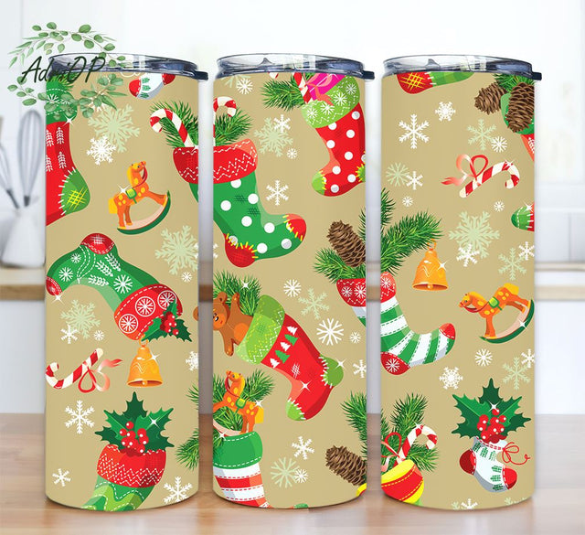 Merry Christmas 20oz Skinny Tumbler Sublimation Christmas Stockings Snowflakes Gingerbread Cookies Seamless Tumbler Sublimation AdriOP 