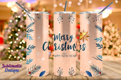 Merry Christmas And Happy New Year Skinny Tumbler Wrap Beige Sublimation Sublimatiz Designs 