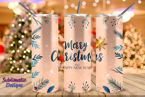 Merry Christmas And Happy New Year Skinny Tumbler Wrap Beige Sublimation Sublimatiz Designs 