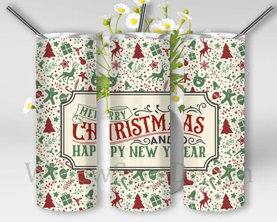 Merry Christmas And Happy New Year Tumbler Png, Christmas 20oz Skinny Tumbler, Xmas Tumbler Wrap, Instant Download Sublimation WillowSageDesign 