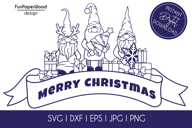Merry Christmas banner with 3 gnomes SVG DXF EPS JPG PNG file for cutting SVG FunPaperWood 