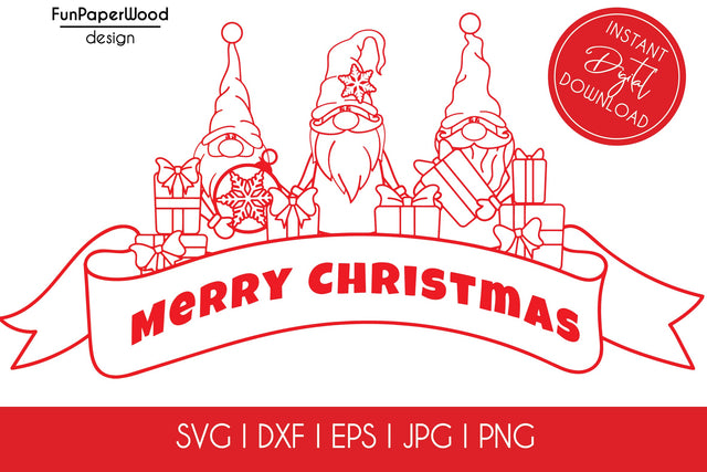Merry Christmas banner with 3 gnomes SVG DXF EPS JPG PNG file for cutting SVG FunPaperWood 