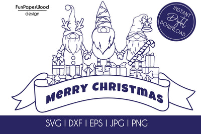 Merry Christmas banner with 3 gnomes SVG DXF EPS JPG PNG file for cutting SVG FunPaperWood 