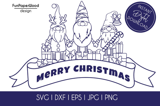 Merry Christmas banner with 3 gnomes SVG DXF EPS JPG PNG file for cutting SVG FunPaperWood 