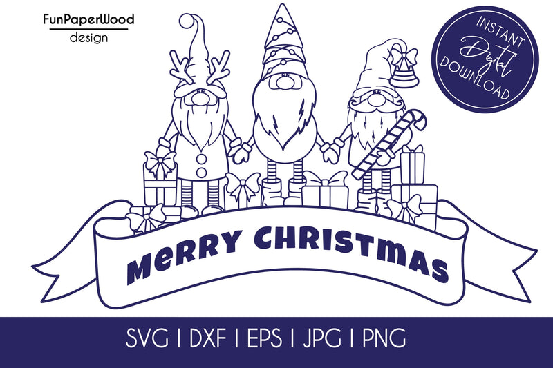 Merry Christmas banner with 3 gnomes SVG DXF EPS JPG PNG file for cutting SVG FunPaperWood 