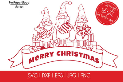 Merry Christmas banner with 3 gnomes SVG DXF EPS JPG PNG file for cutting SVG FunPaperWood 
