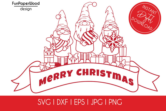 Merry Christmas banner with 3 gnomes SVG DXF EPS JPG PNG file for cutting SVG FunPaperWood 