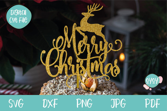 Merry Christmas Cake Topper SVG with Reindeer SVG OyoyStudioDigitals 