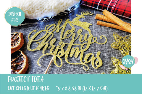 Merry Christmas Cake Topper SVG with Reindeer SVG OyoyStudioDigitals 