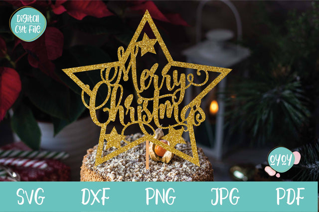 Merry Christmas Cake Topper SVG with Stars | Christmas Decor SVG OyoyStudioDigitals 